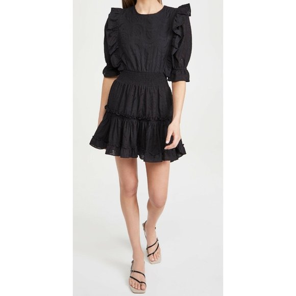 MISA Los Angeles Doutzen Dress Black Mini Ruffle Eyelet Boho S NWOT $335
